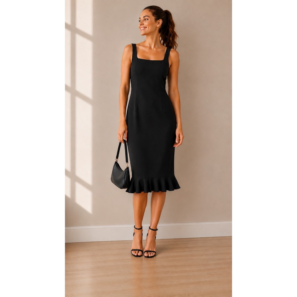 Maggy London Black Sheath Dress 6 Square‎ Neck Scalloped Hem Midi LBD Old Money